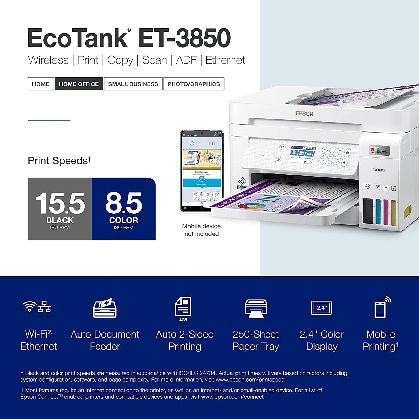 Epson EcoTank Wireless Color All-in-One Cartridge-Free ET-3850 Supertank Inkjet Printer for Home Office, Scanner, Copier, ADF and Ethernet, Mobile
