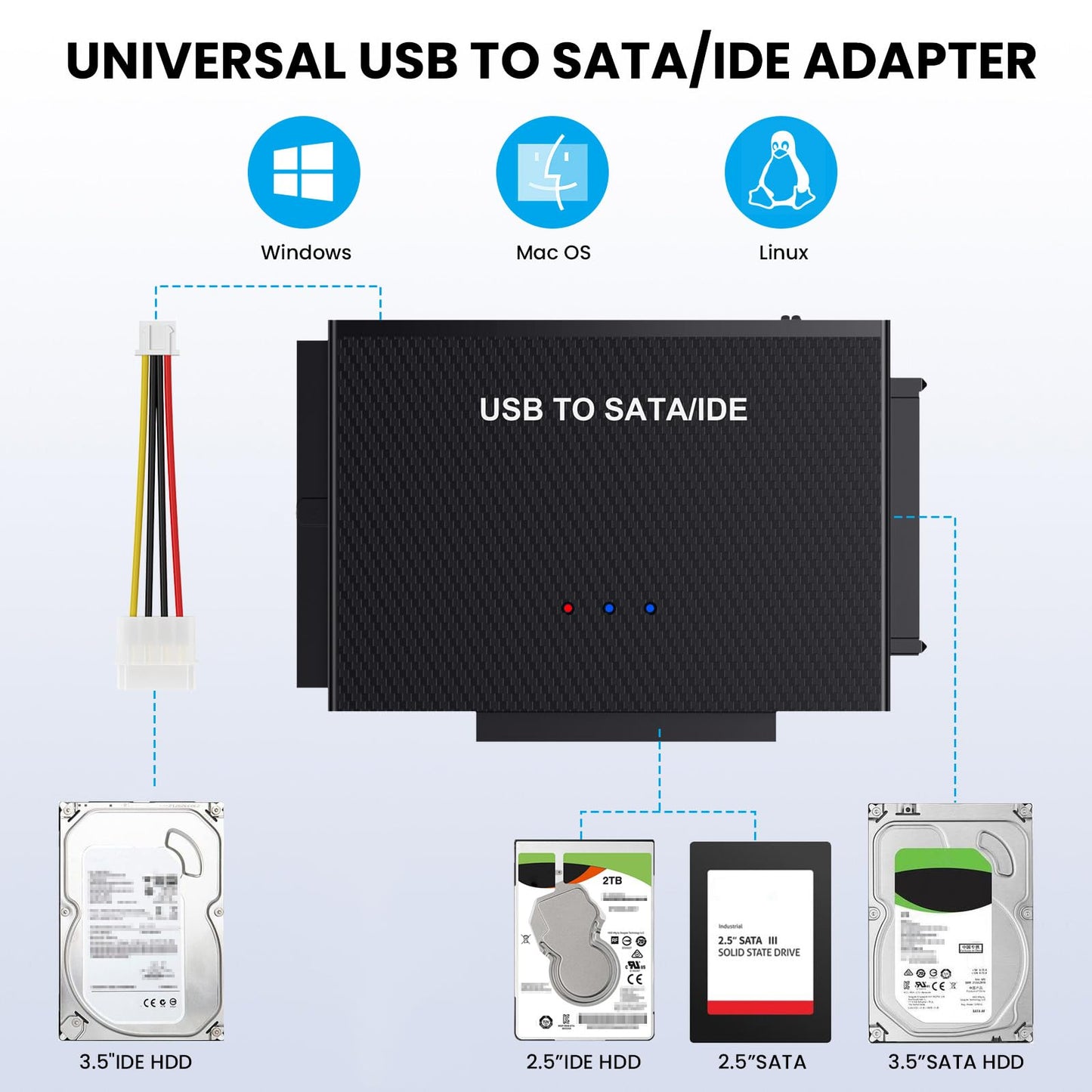 USB 3.0 to SATA IDE Adapter Hard Drive Reader, USB + Type C to External Hard Drive Disk HDD Converter Kit for Universal 2.5" 3.5" IDE HDD, 2.5" SSD