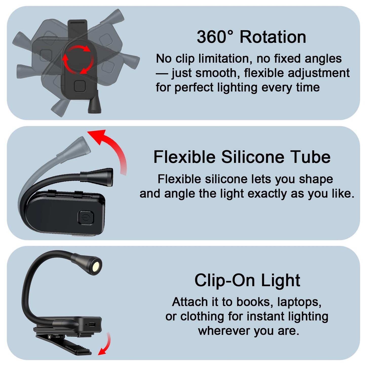 OMATAT Clip on Book Light, 3 Color Temperatures Stepless dimming Reading Lights for Books in Bed with 360° rotatable Clip-on Reading Light for Travel