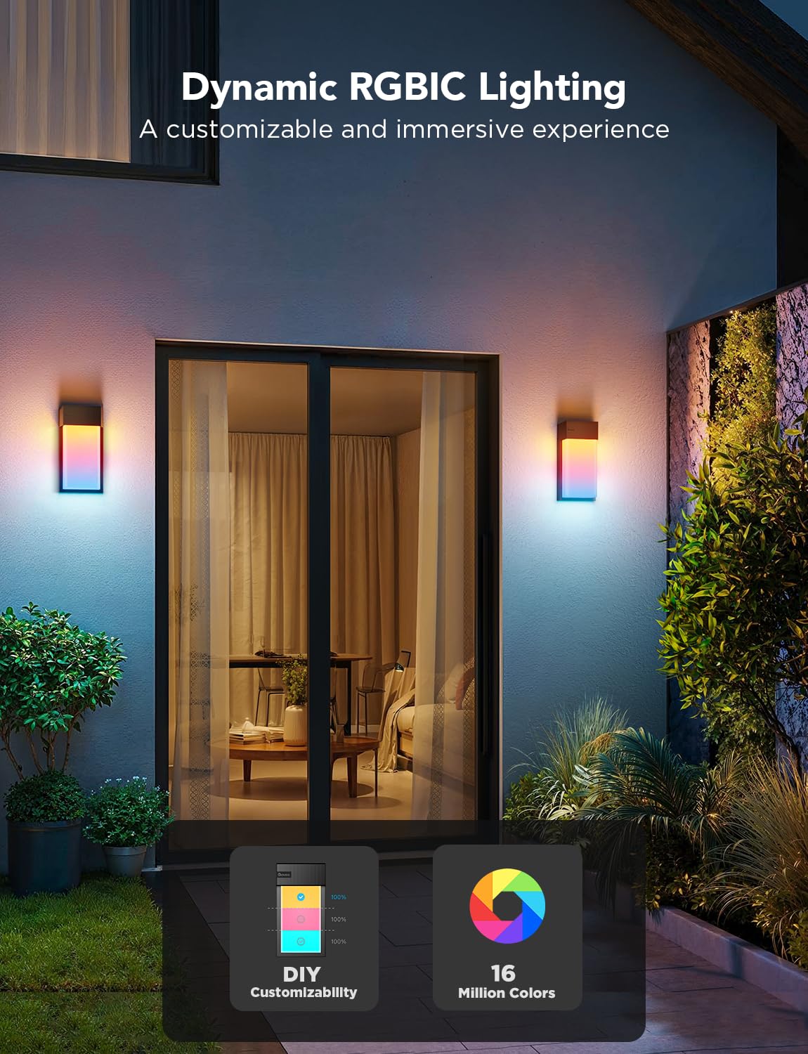 Govee Outdoor Wall Light, 2 Pack, 1500LM Smart RGBIC Porch Lights Outdoor with 45 Scene Modes, IP65 Waterproof for Outdoor Decor, Patio, DIY Wall