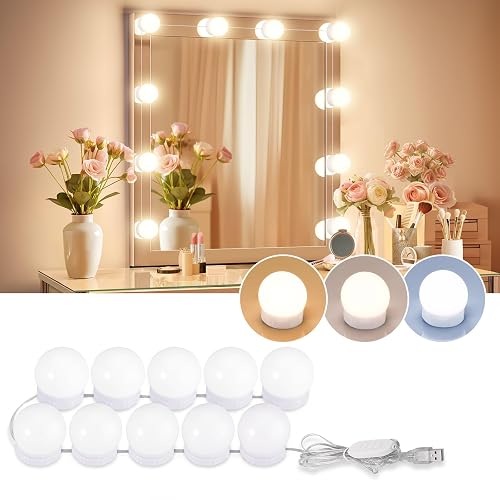 LED Vanity Lights For Mirror, Consciot Hollywood Style Vanity Lights With 10 Dimmable Bulbs, Adjustable Color & Brightness, USB Cable, Mirror Lights