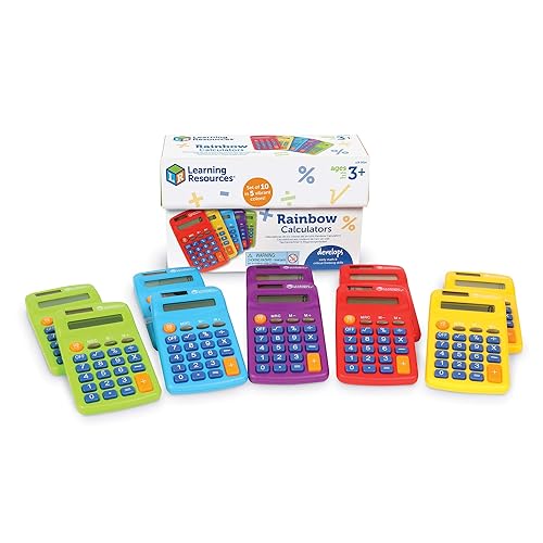 Learning Resources Rainbow Calculators - Solar Powered, Classroom Must Haves, Back to School, Math Manipulatives, Teacher Set of 10, Ages 3+