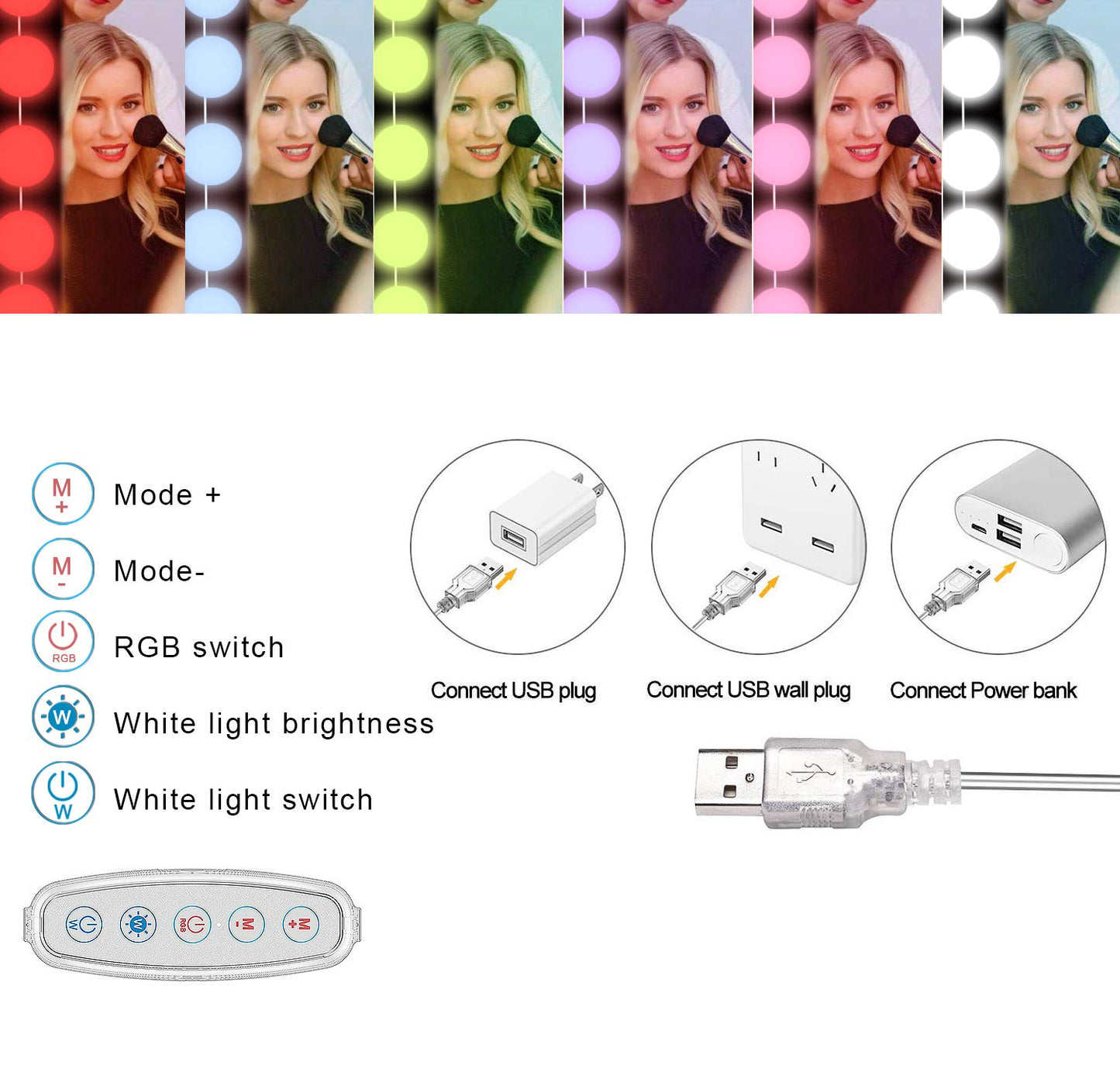SICCOO Vanity Lights for Mirror, 14-Bulb RGB Colorful DIY Hollywood Makeup Vanity Mirror Dimmable Lights