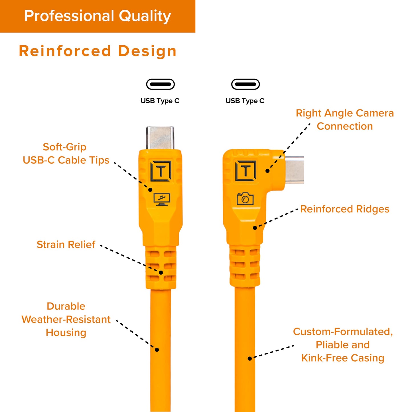 TetherPro Optima 10Gbps Gen 2 USB-C, 6' (1.8m), Straight to Right, High-Visibility Orange| Not Compatible with Fuji GFX Models