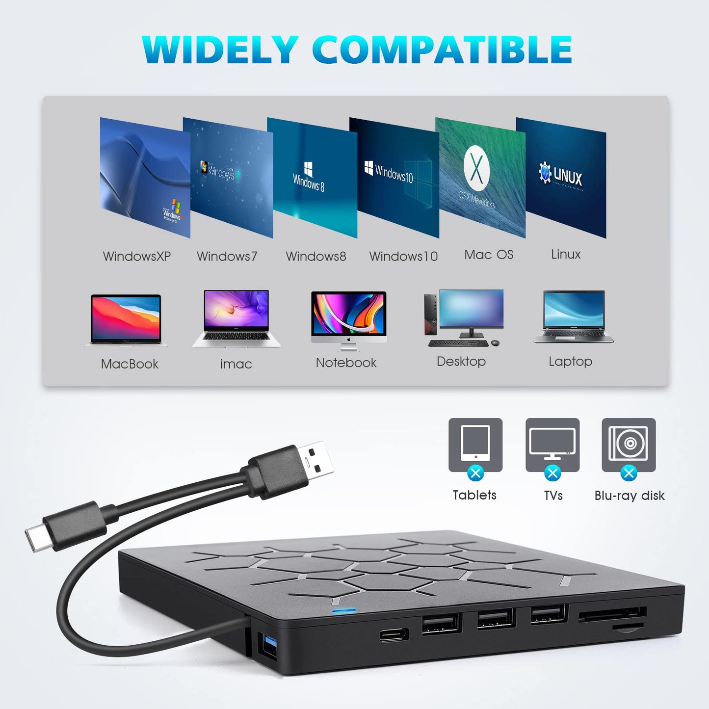 UHNDY External DVD Drive, USB 3.0 CD DVD Burner for Laptop, Type-C CD/DVD ROM +/-RW Optical Disk Drive with 4 USB Ports and 2 SD Card Slots, Ultra