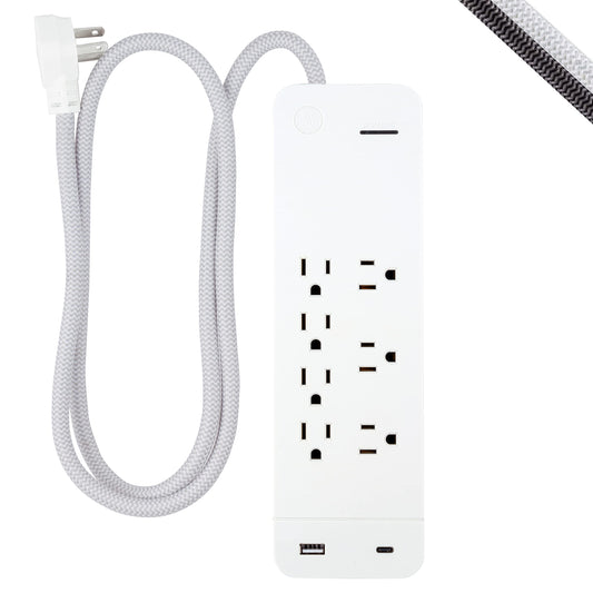 GE UltraPro 7 Outlet Surge Protector, USB-C Charging, 4 ft Designer Braided Extension Cord, 1440 Joules, ETL Listed, White, 41355