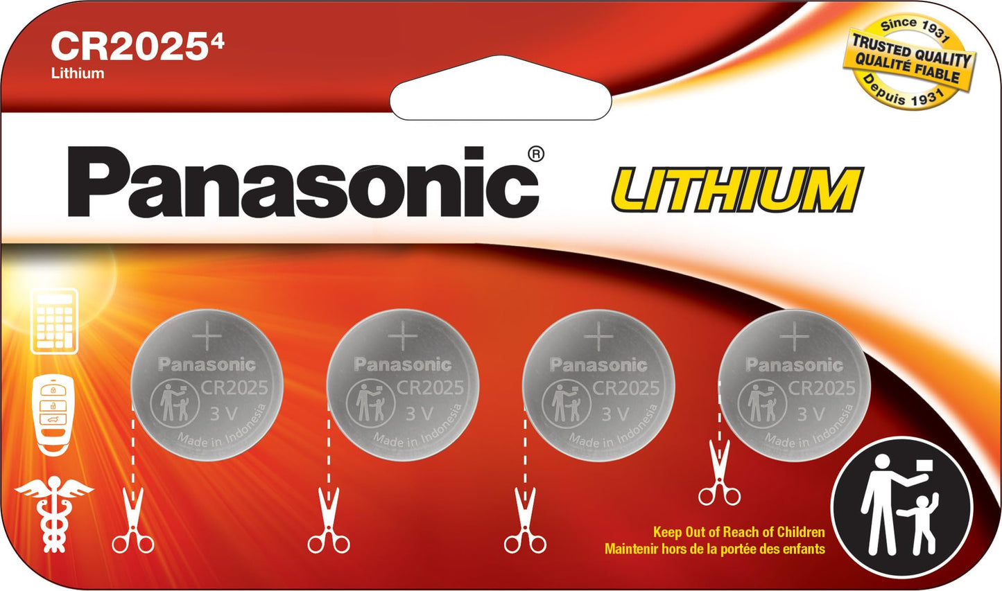 Panasonic CR2025 3.0 Volt Long Lasting Lithium Coin Cell Batteries in Child Resistant, Standards Based Packaging, 4 Pack