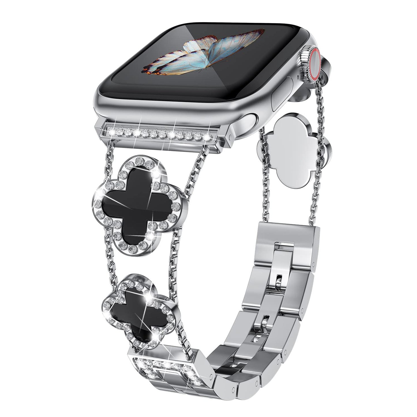 Musk MSKR Clover Silver Black Women's Band Compatible with Apple Watch 38mm 40mm 41mm 42mm (S10) Adjustable Metal Bracelet Breathable Jewelry Strap