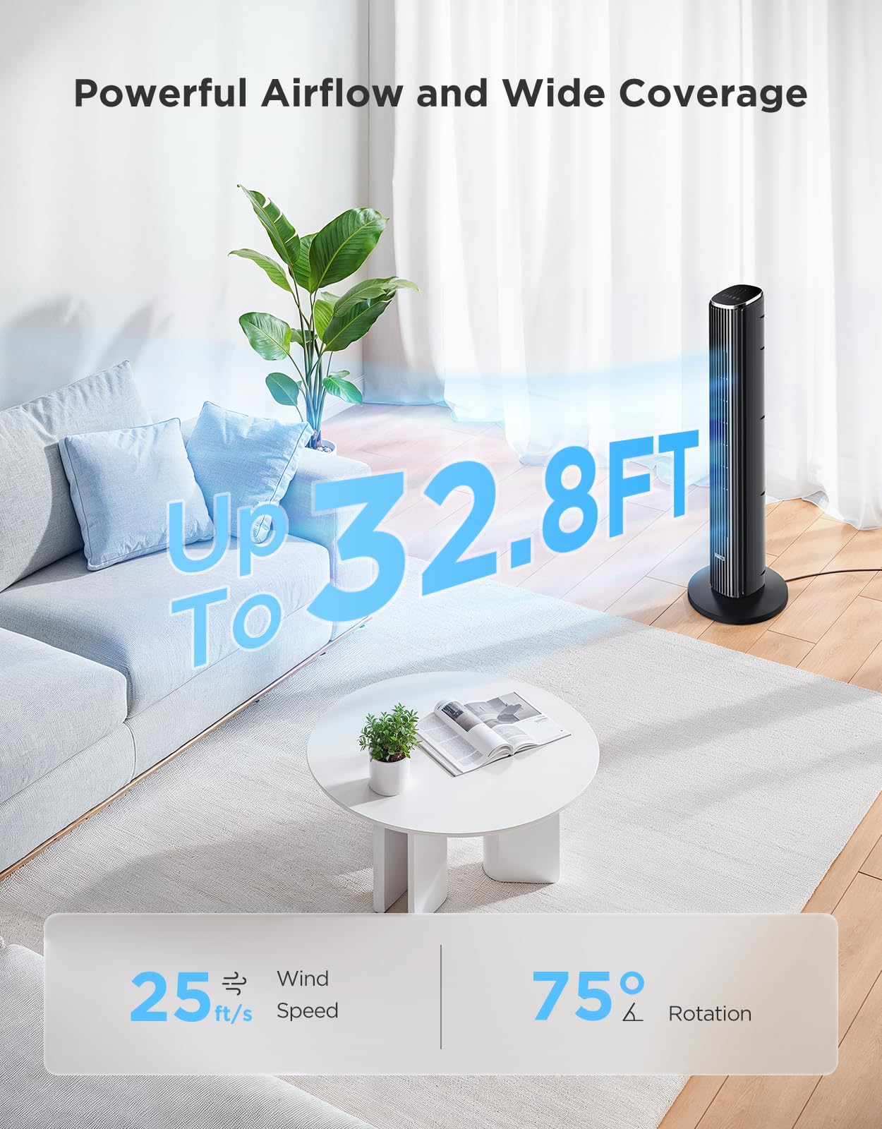 GoveeLife 36 in. Black Tower Fan for Bedroom, 5 Modes 8 Speeds up to 25ft/s