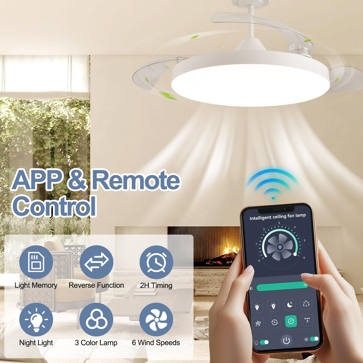 Homlit 42 Inch Retractable Ceiling Fan, Low Profile Flush Mount Ceiling Fan with Remote/App Control, 3 Retractable PC Blades Dimmable LED, 6-Speed