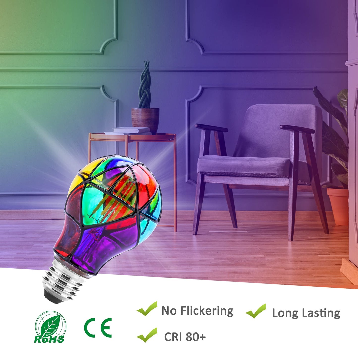 Kitmose Stained Glass Light Bulbs E26 3.5W LED Edison Light Bulb A60 4 Pack