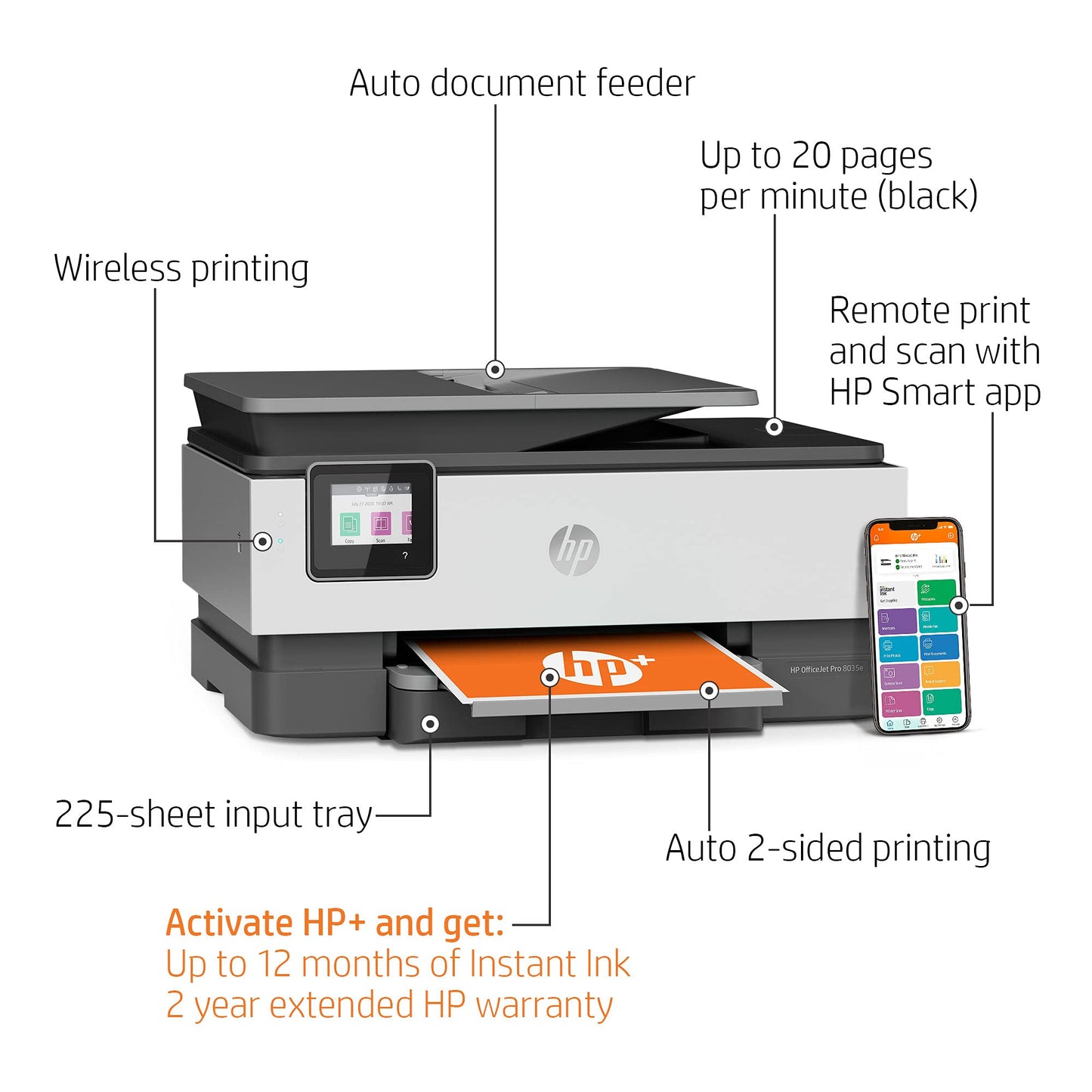 HP OfficeJet Pro 8035e Wireless Color All-in-One Printer (Basalt) with up to 12 months Instant Ink with HP+ (1L0H6A)