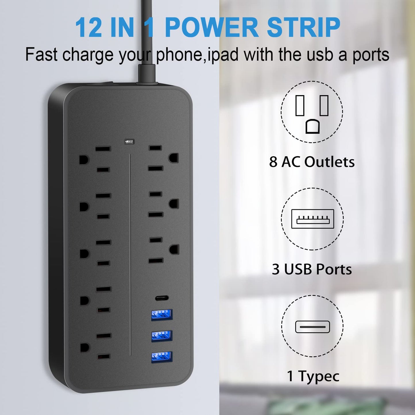 Power Strip-Flat Plug Surge Protector with USB Multiple outlets 4 ft Cord?with Overload Protection?Wall Mount?Desktop Charging Station for Home?Office