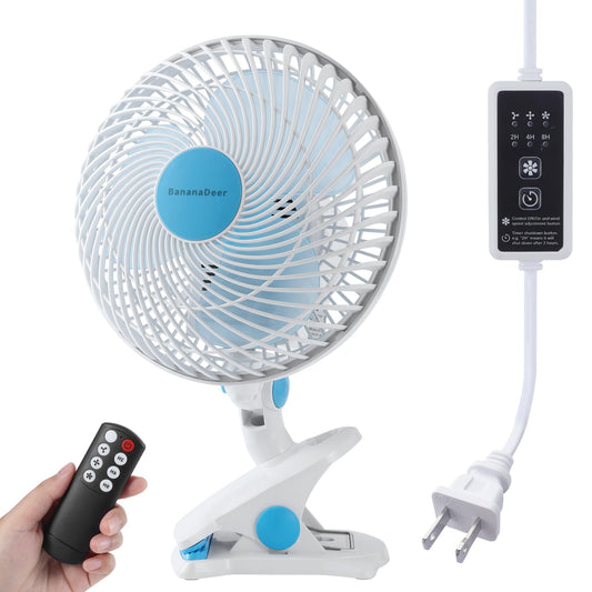 BananaDeer Oscillating Clip on Fan 9-Inch With Remote control, Portable Desk Fan Adjustable Tilt, w/Sturdy Clamp,3 Speed, 3 Timer, Shaking Fan