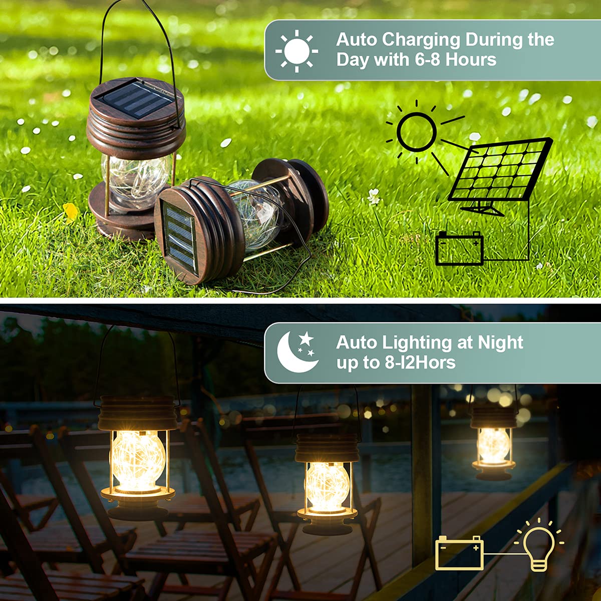 Solar Lanterns Outdoor Hanging Lights,2 Pack Waterproof Landscape Lights Solar Table Lamps with Retro Design, Warm Fairy Lights,Patio, Yard, Garden