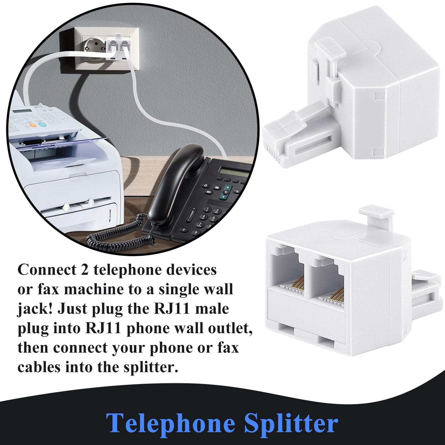 KINXIYU Phone Cord 50FT, Landline Telephone Cable with RJ11 Plug, Includes Telephone Inline Coupler RJ11 Splitter and 20pcs Cable Clips(White)