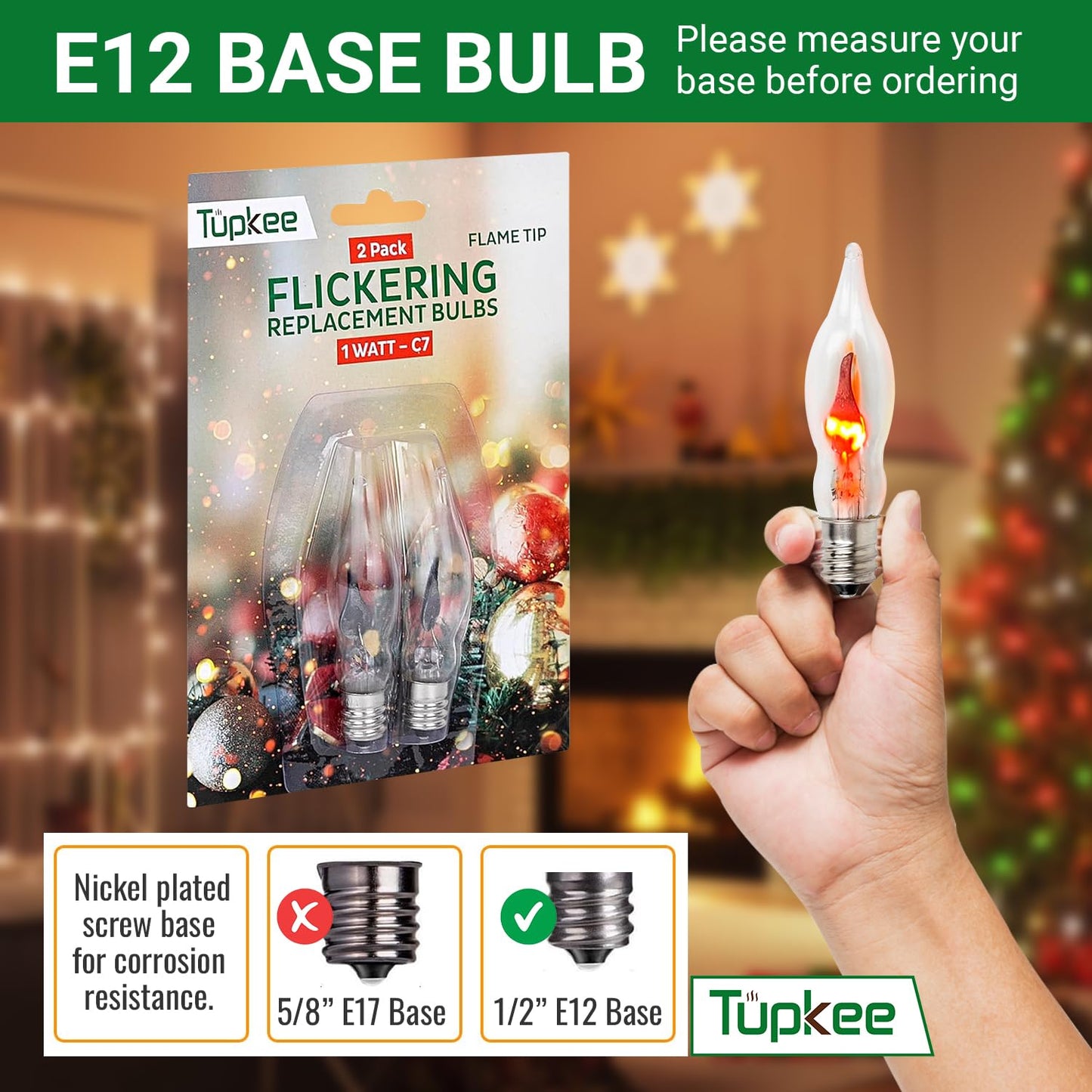 Tupkee C7 Flickering Flame Tip Bulb, E12 Base 1W Flicker Night Light Bulb