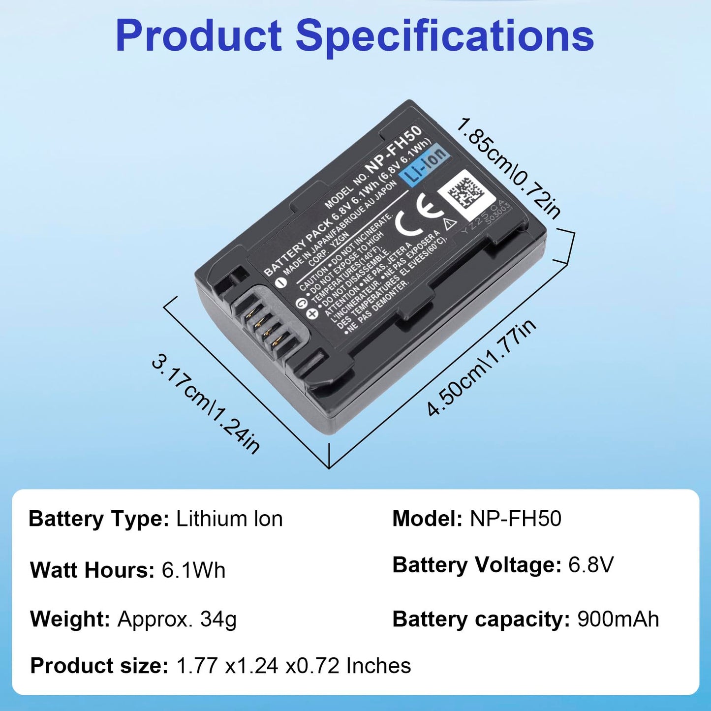 NP-FH50 NP-FH40 NP-FH30 NP-FP50 NP-FP51 1040mAh Replacement Battery Compatible for Sony Cyber-Shot A230 A290 A390 DSC-HX1 HX100 HX100V HX200 HX200V