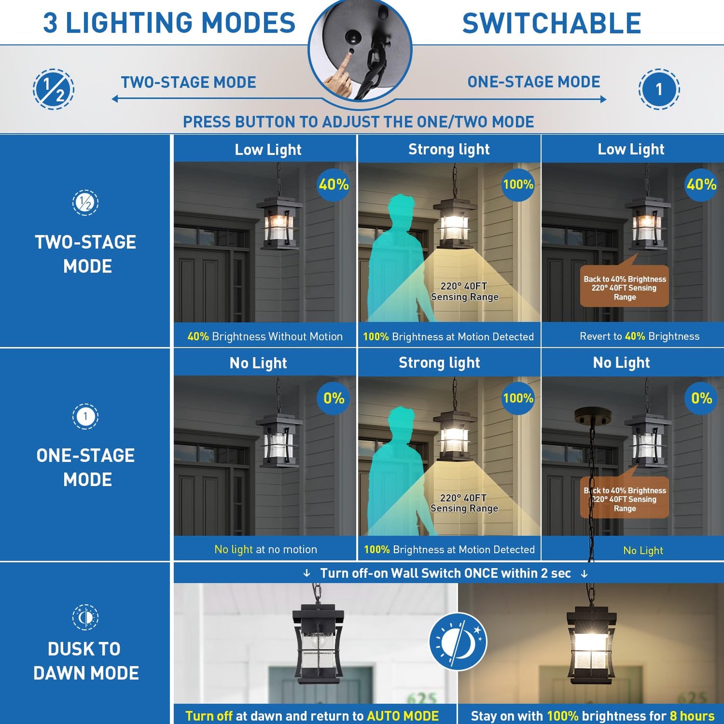 EERU Motion Outdoor Pendant Light Fixture with Dusk to Dawn Sensor Exterior Hanging Lantern with Adjustable Chain Black with Seeded Glass Outside