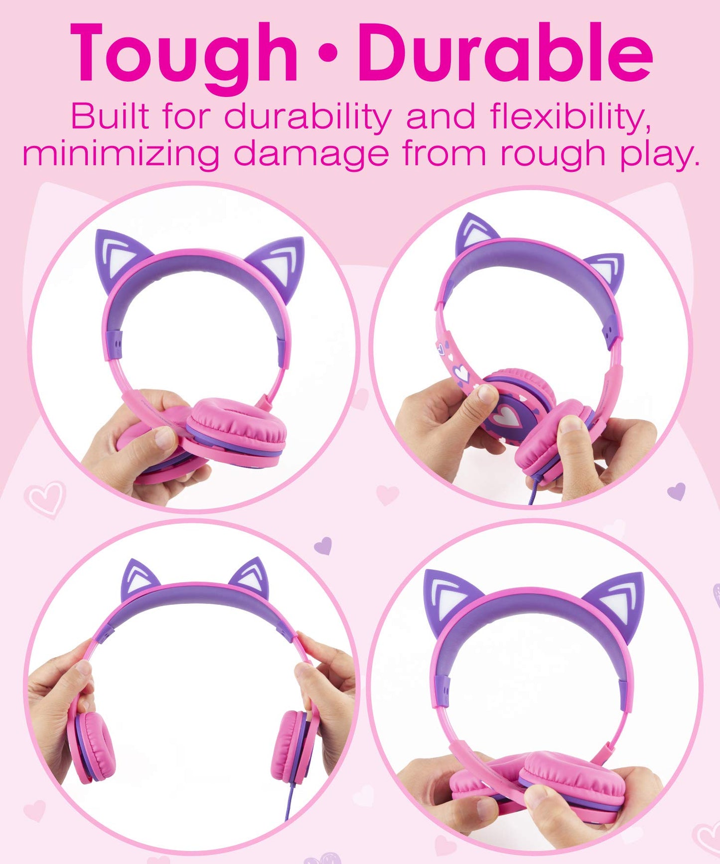 FosPower Kids Headphones with LED Cat Ears (85dB Safe Volume Limit), 3.5mm Soft On-Ear Wired Headphones with Tangle-Free Laced Cables