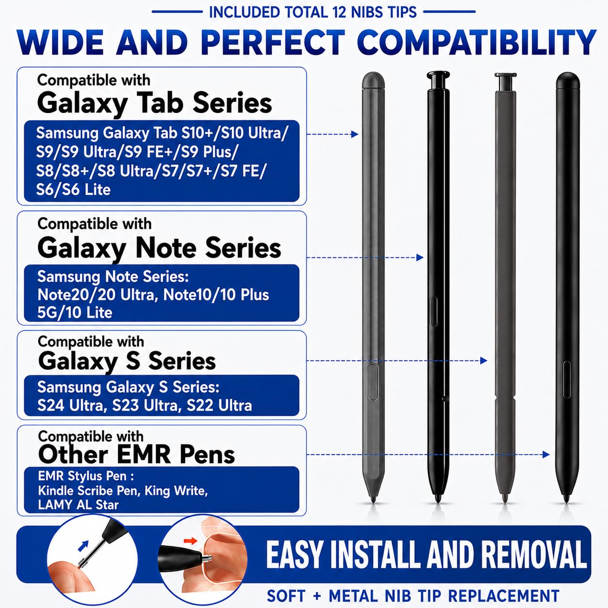 12PCS Soft & Metal Samsung S Pen Tips Nibs Replacement for Galaxy Tab S10, S9/S9 FE+/S9 Ultra, S8/S8+, S7/S7+/S7 FE, S6/Lite, Note