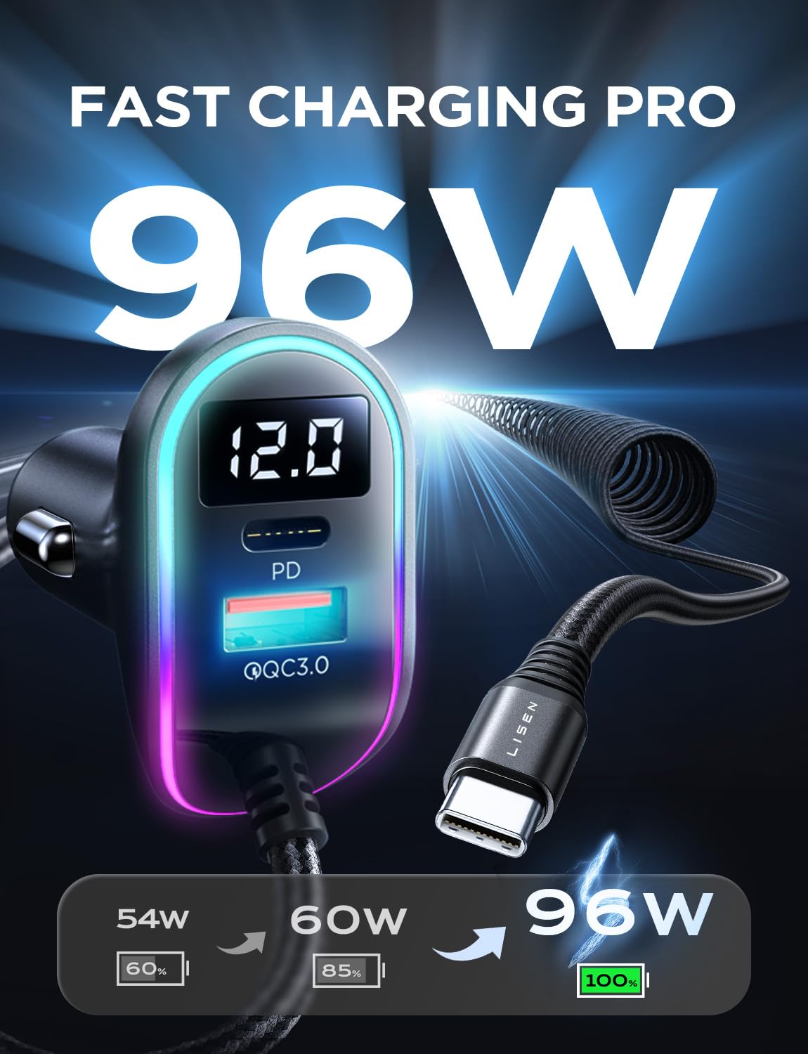 LISEN for iPhone 17 USB C 96W Super Fast Car Charger, PD&QC 3.0 with Cable Car Phone Charger Adapter for iPhone 16 15 14 Pro Max Plus, Samsung Galaxy