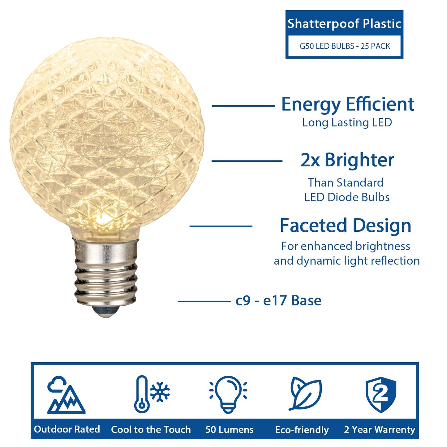 Novelty Lights 25 Pack G50 E12 LED Replacement Bulbs, 0.65W Warm White