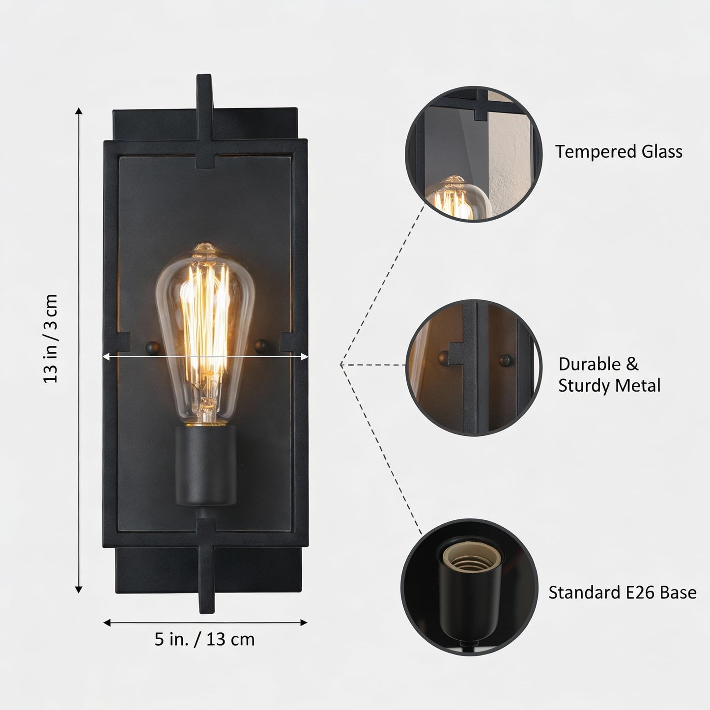 Laplusbelle Black Wall Sconce, 13 in. Indoor Wall Lamp with Tempered Glass, E26 Base for DIY Lighting Fixture, ETL Bathroom Vanity Light Wall Mounted