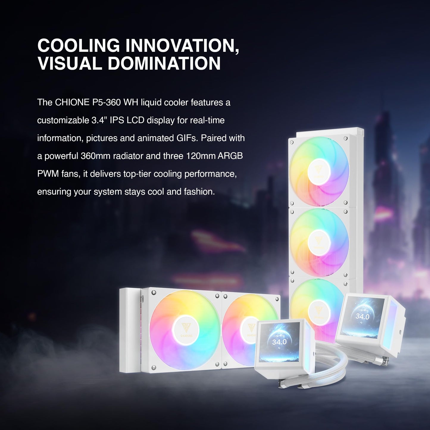 GAMDIAS CHIONE P5-360 Liquid CPU Cooler, 360mm AIO w/Customizable 3.4'' IPS LCD, Rotatable Magnetic Pump, Hidden Cable Fan (Daisy-Chained), Support