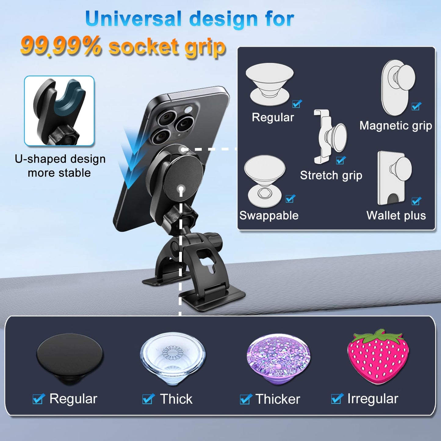 JCTRIWAY Car Phone Holder for Pop Socket, Dashboard Socket Grip Car Mount Dual Adhesive Base for Any Surfaces, Dash Sockets Phone Mount for Car, Works