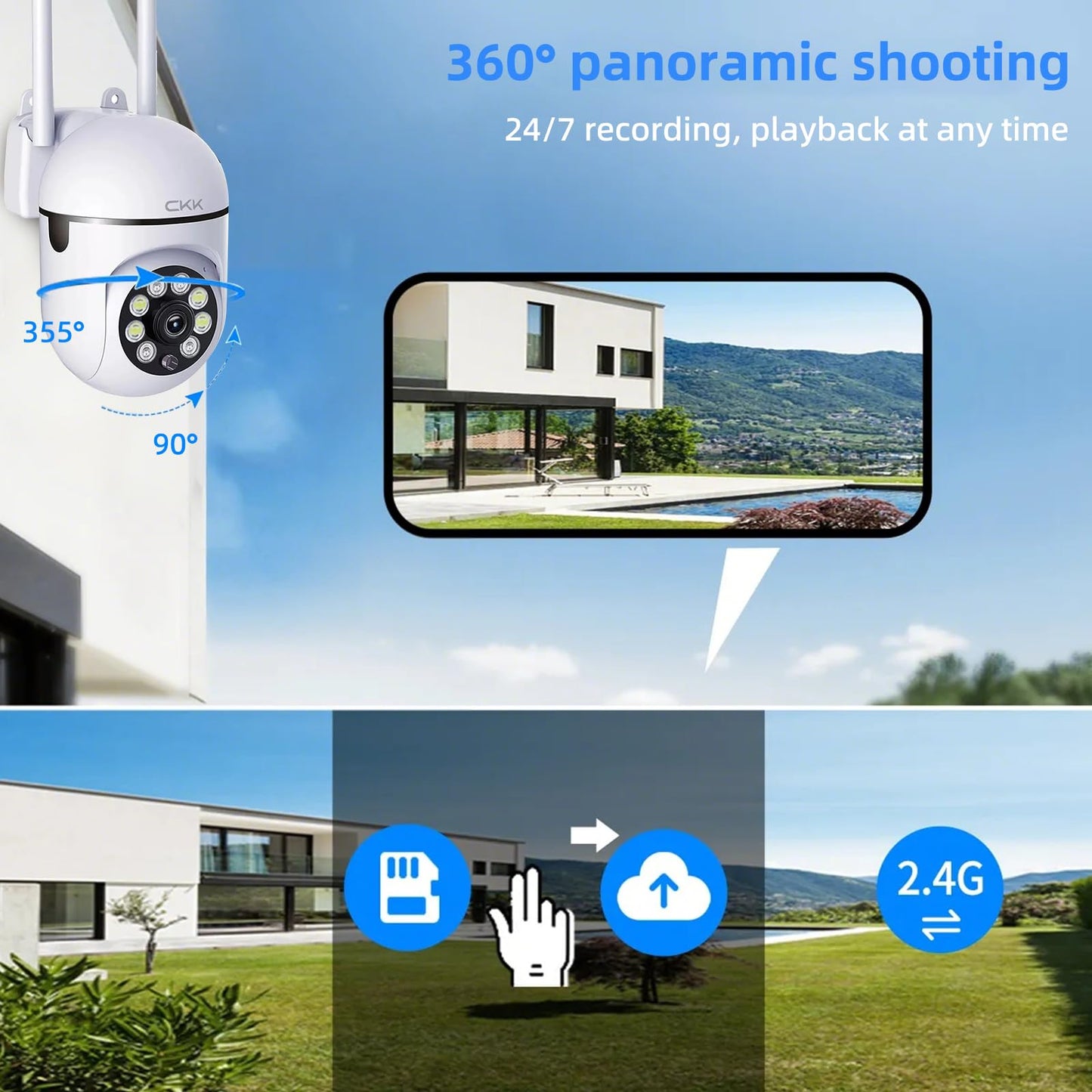 CKK 1080P Security Camera Wireless, 3 Pcs 2MP PTZ WiFi Home Camera (2.4G/5G Dual-Band), 360° Pan/Tilt, Color Night Vision, Motion Alerts, 2-Way Audio