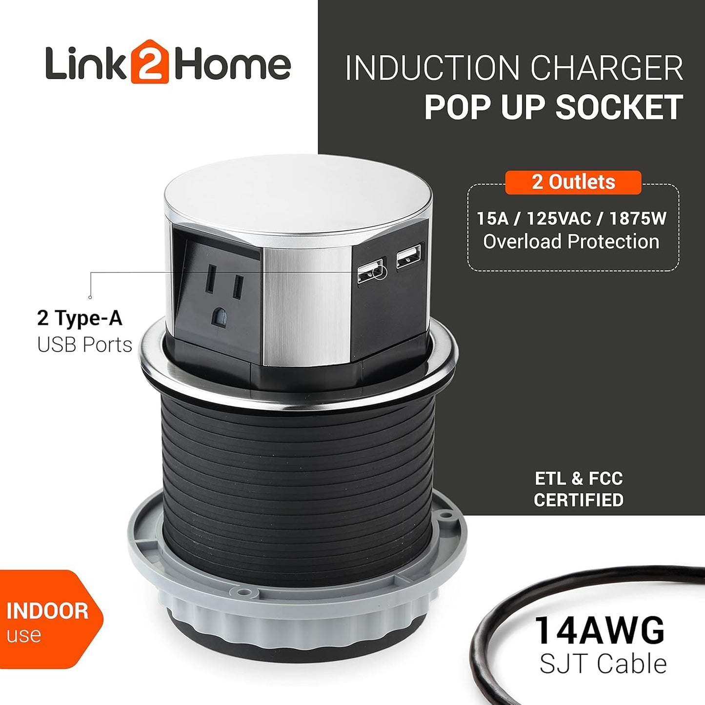 Link2Home 2 Pack Pop Up Outlet 10W Fast Induction Charger with Type-C USB, 3 Power Outlets 15A, 2 USB Ports 3.0A, Splash Resistant, Matt Black Finish