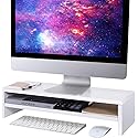 BEYGORM Monitor Stand Riser White, 21.6 inch 2 Tiers Wood Desk Shelf Computer Screen Stand with Storage for Desktop Laptop/Screen/TV/PC/Printer, Desk