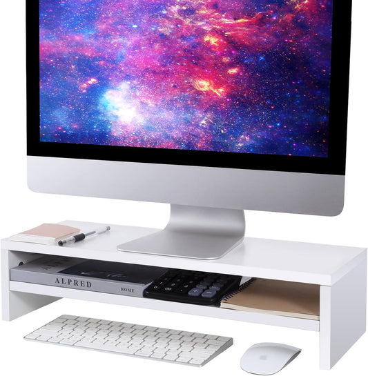 BEYGORM Monitor Stand Riser White, 21.6 inch 2 Tiers Wood Desk Shelf Computer Screen Stand with Storage for Desktop Laptop/Screen/TV/PC/Printer, Desk