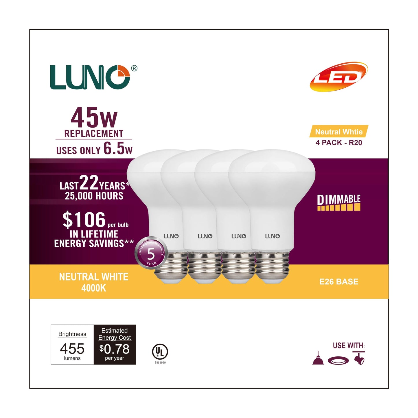 LUNO R20 Dimmable LED Bulb, 6.5W (45W Equivalent), 455 Lumens, 4000K (Neutral White), Medium Base (E26), UL Listed (4-Pack)