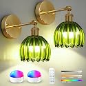 SMARYONG Vintage Battery Operated Wall Sconces Set of Two, with Green Tulip Glass Lampshade, Wireless Rechargeable Battery Powered Wall Light