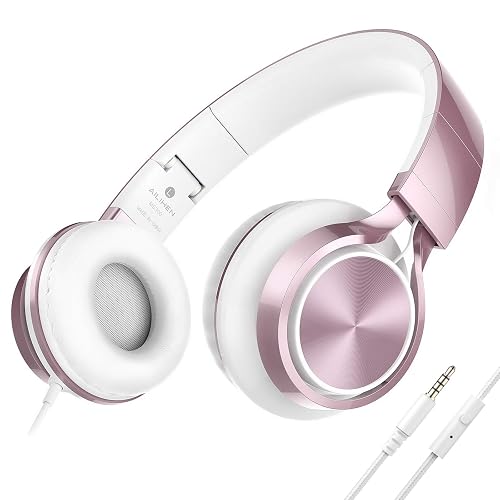 AILIHEN Wired Headphones with Mic, Girls Headphones for School, On-Ear Headsets for Chromebook Laptop Computer, Foldable Adjustable Teen Kids, Plug in