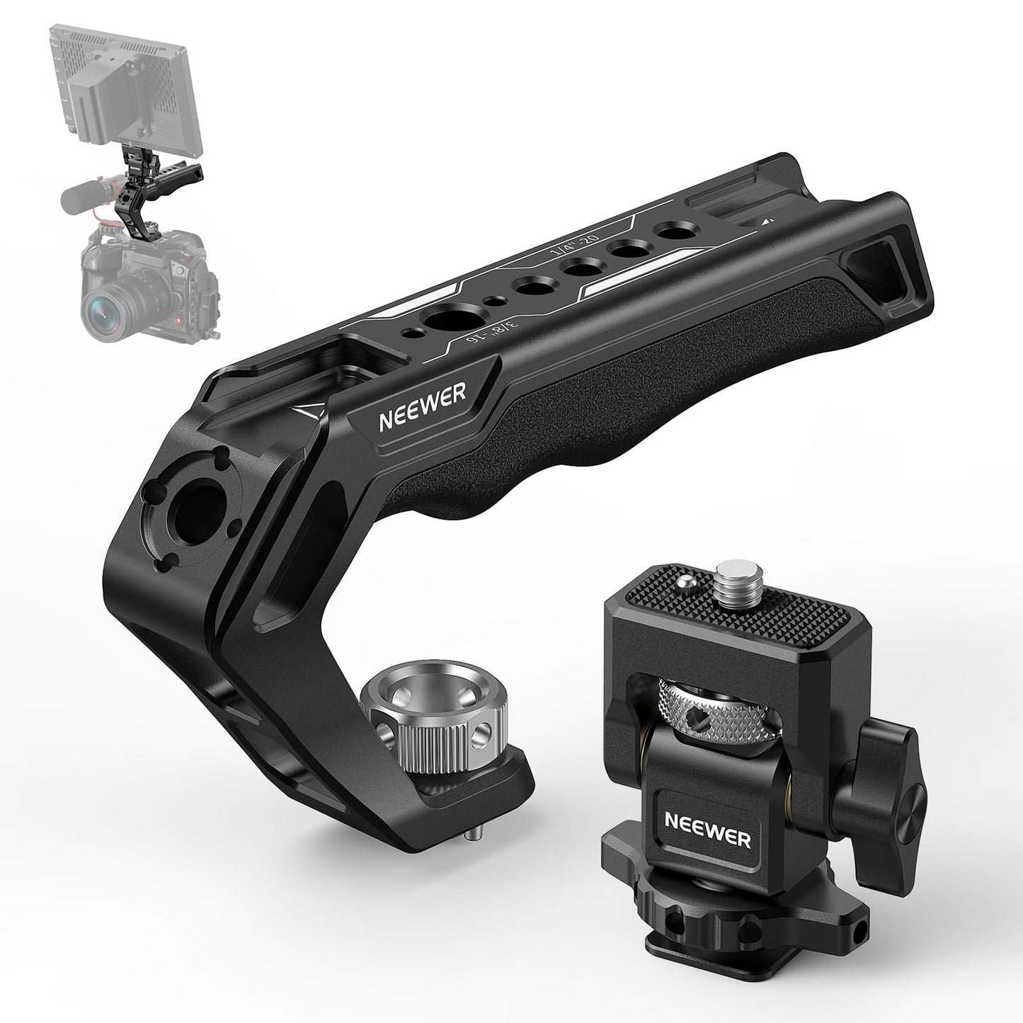 NEEWER CA007 Top Handle + MA006 Monitor Mount Set, Camera Cage Handle with 3/8" ARRI Locating + Cold Shoe Monitor Mount with 180° Tilt Damping for 5"