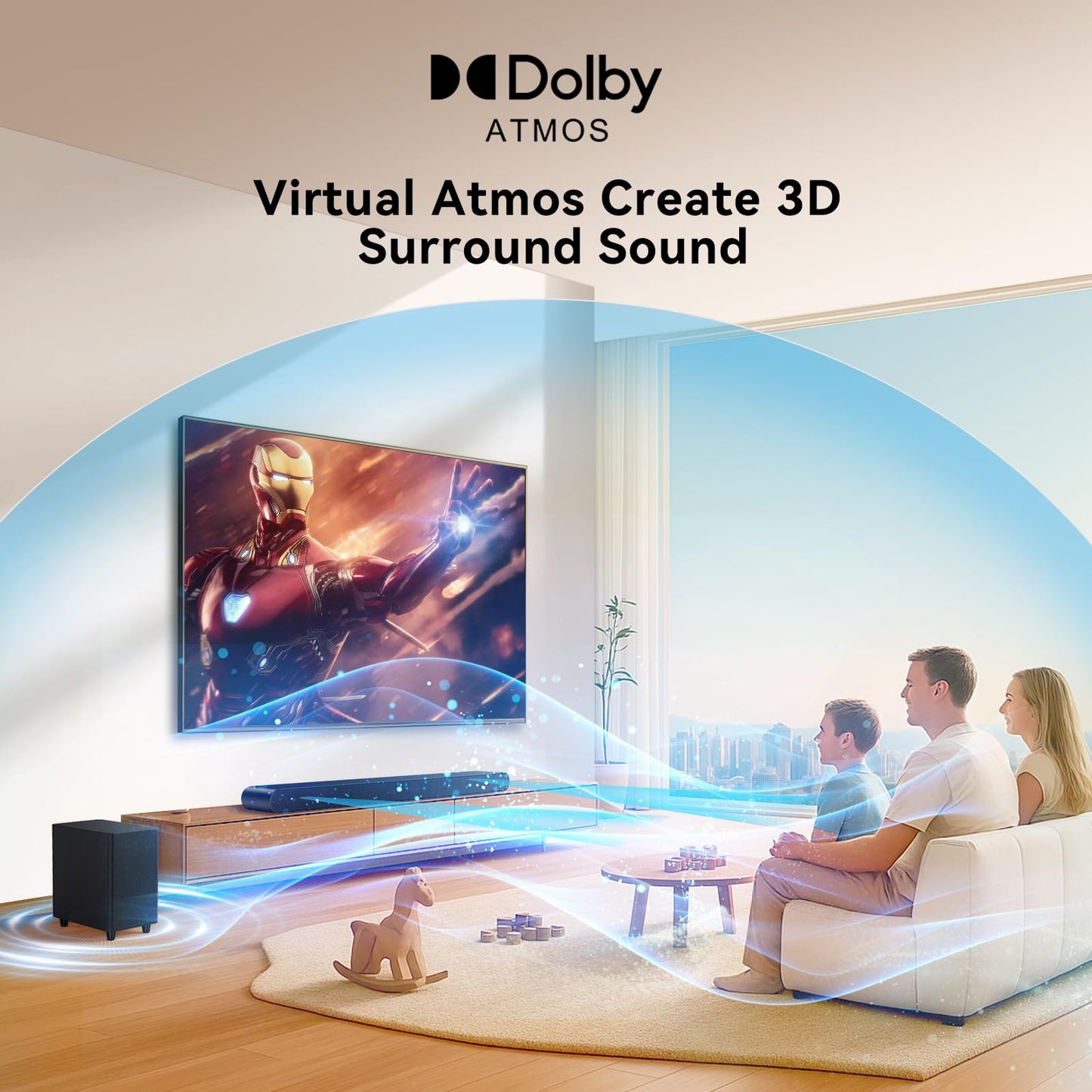 Miroir 3.1CH Dolby Atmos Soundbar for Smart TV, 390w Virtual Atomos Surround Sound & Wired Subwoofer, 4K HDR Passthrough, HDMI/eARC Home Theater