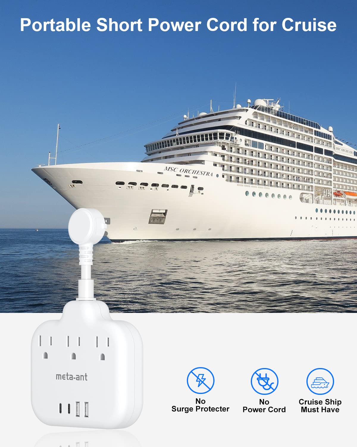 Short Extension Cord 3 Inch, Flat Plug Small Power Strip with 3 AC & 4 USB(1 USB-C), 1875W/15A, Multi Plug Outlet Extender, Non-Surge Protection