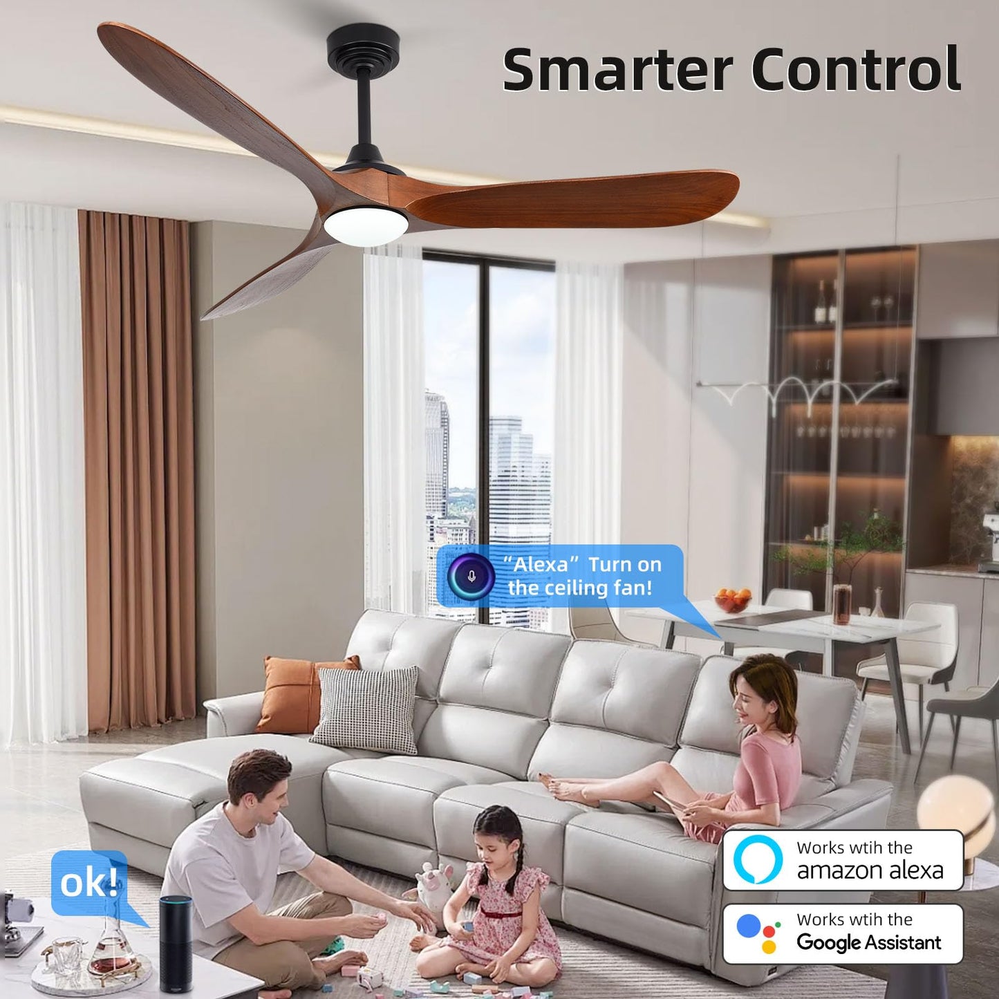 Homlit 60” Outdoor Ceiling Fan with Light 3 Downrods, Smart Wood Ceiling Fan Compatible with Alexa/Google/App, 3 Blades Modern Walnut Wood Ceiling