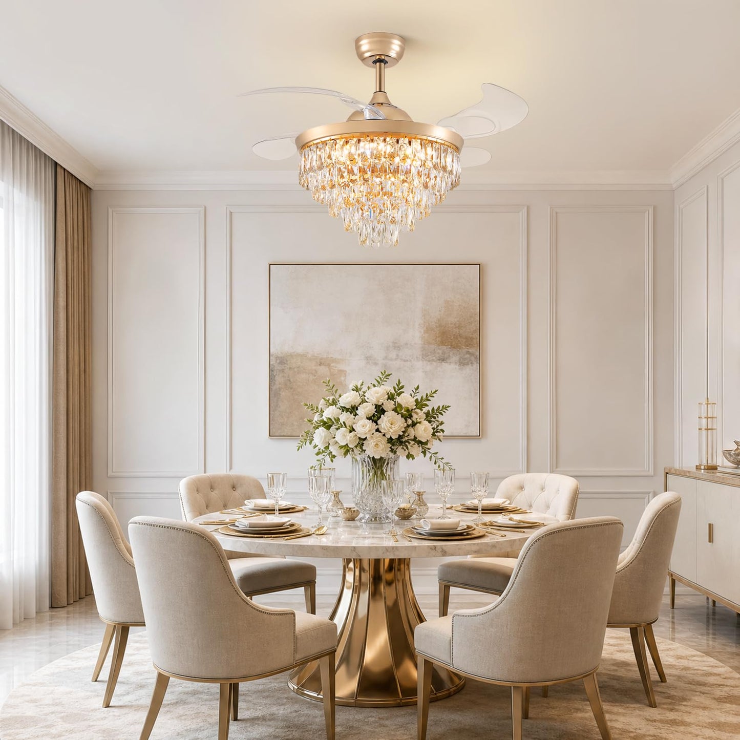 CROSSIO 42" Crystal Fandelier Dimmable, 6 Speeds, Retractable Gold Ceiling Fans with Lights and Remote Luxury Chandelier Fan for Bedroom Dining Room