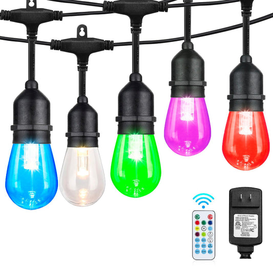 IPStank 48FT RGB Outdoor String Lights, 15 Shatterproof Edison LED Bulbs, Waterproof Color Changing Patio Lights with Remote. Dimmable Decorative