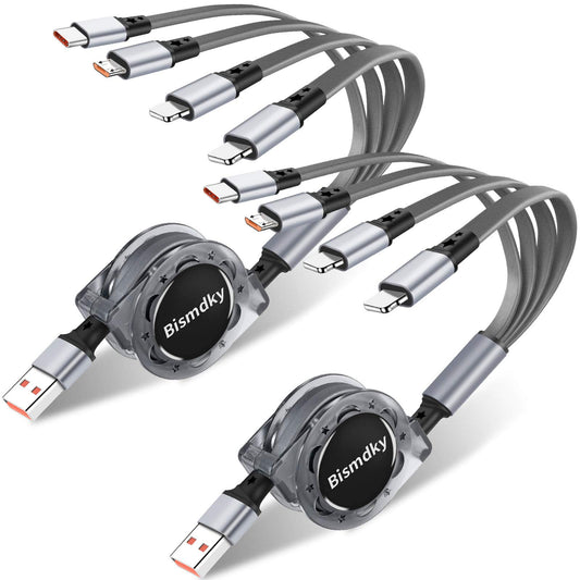 Bismdky Multi Charger Cable Retractable USB Multiple Charging Cord with 2*iOS/Type C/Micro Port Adapter 4 in 1 Fast Charging Compatible Cell Phones