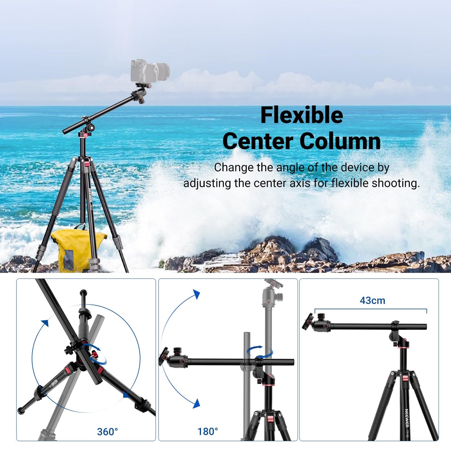 NEEWER 90 Inch Tall Overhead Horizontal Camera Tripod Monopod with Ball Head & Flexible Center Column, Metal DSLR Video Travel Stand, Arca Type QR