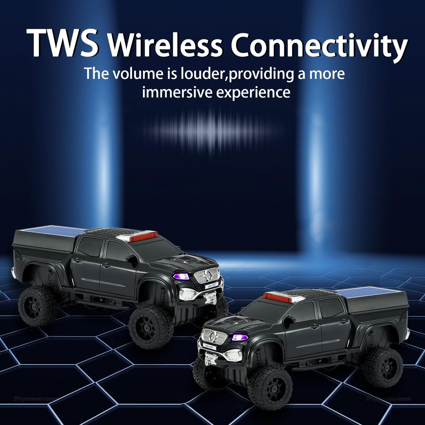 WSTER WS-697 Pickup Truck Bluetooth Replica Speaker - Solar Wireless Car Speaker with LED Lights, TWS Stereo, FM Radio, USB/TF Playback, Hands-Free