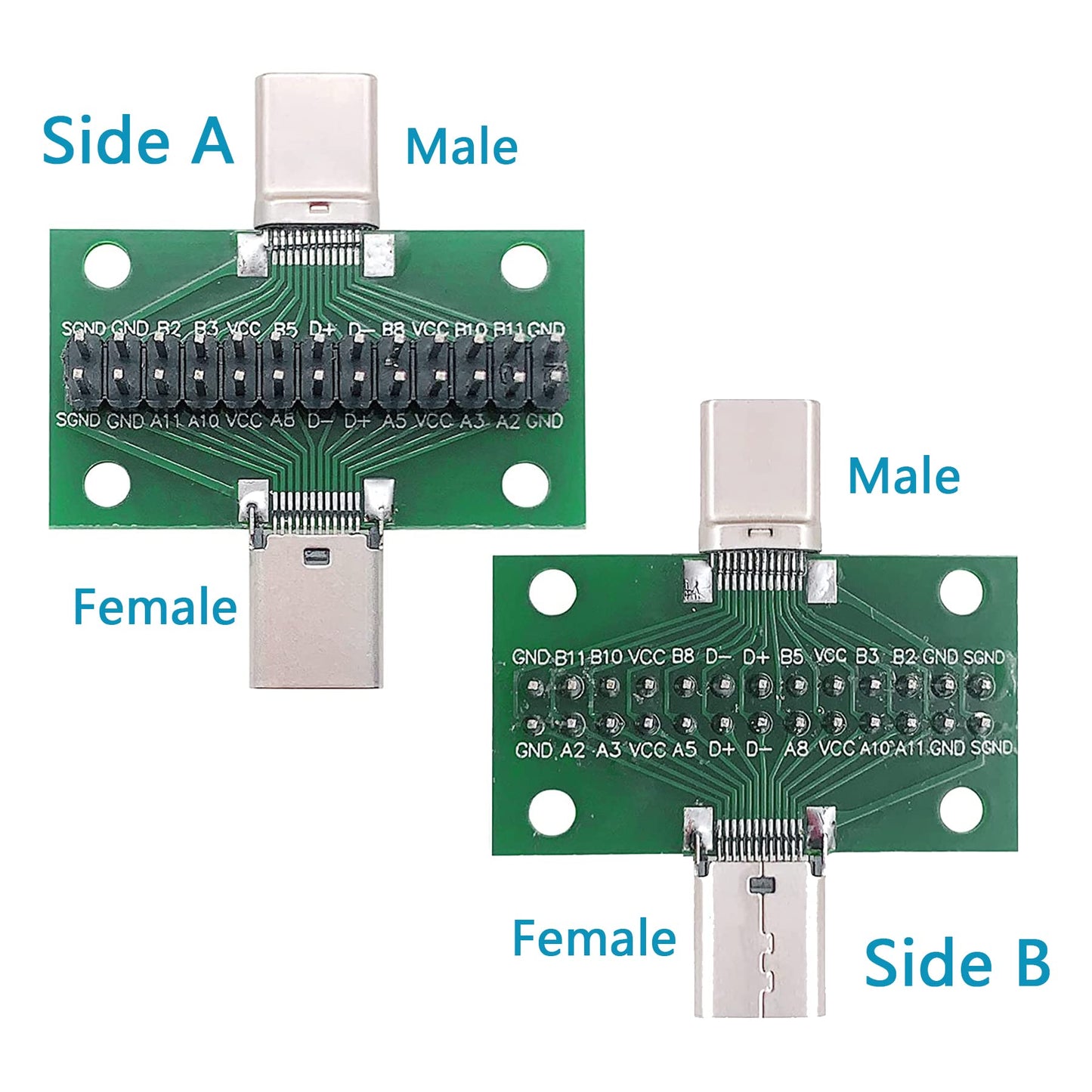 minidodoca 2 Pcs USB 3.1 Type-C Male to Female Test Board with PCB Board 24 Pins 2.54 mm Double-Sided Socket with pin Header Connector,Dupont Wire…