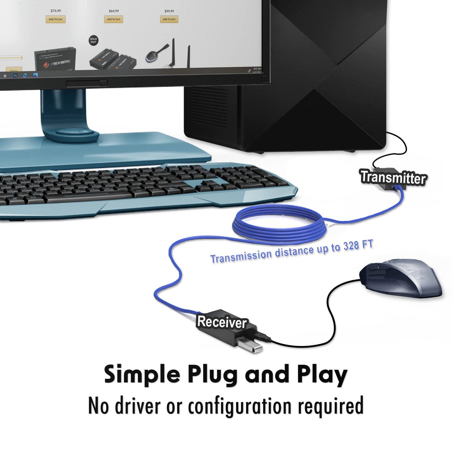 J-Tech Digital USB Over Ethernet Extender USB Balun Over cat5e cat6 99m/328ft PoC, Play and Plug, No Driver Needed, USB2.0 for Game Controller, MAC