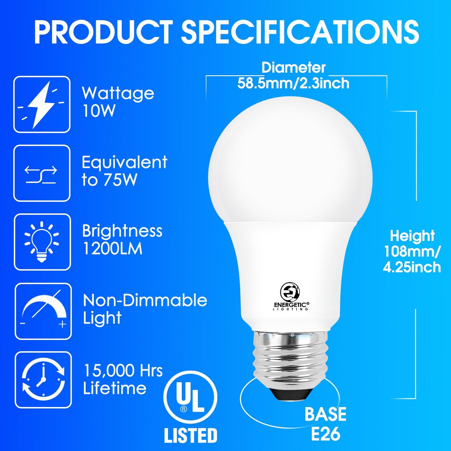 E ENERGETIC LIGHTING A19 Light Bulbs 75 watt Equivalent, Daylight 5000K, 1200LM Super Bright, Non-Dimmable A19 10W LED Light Bulbs, E26 Standard Base
