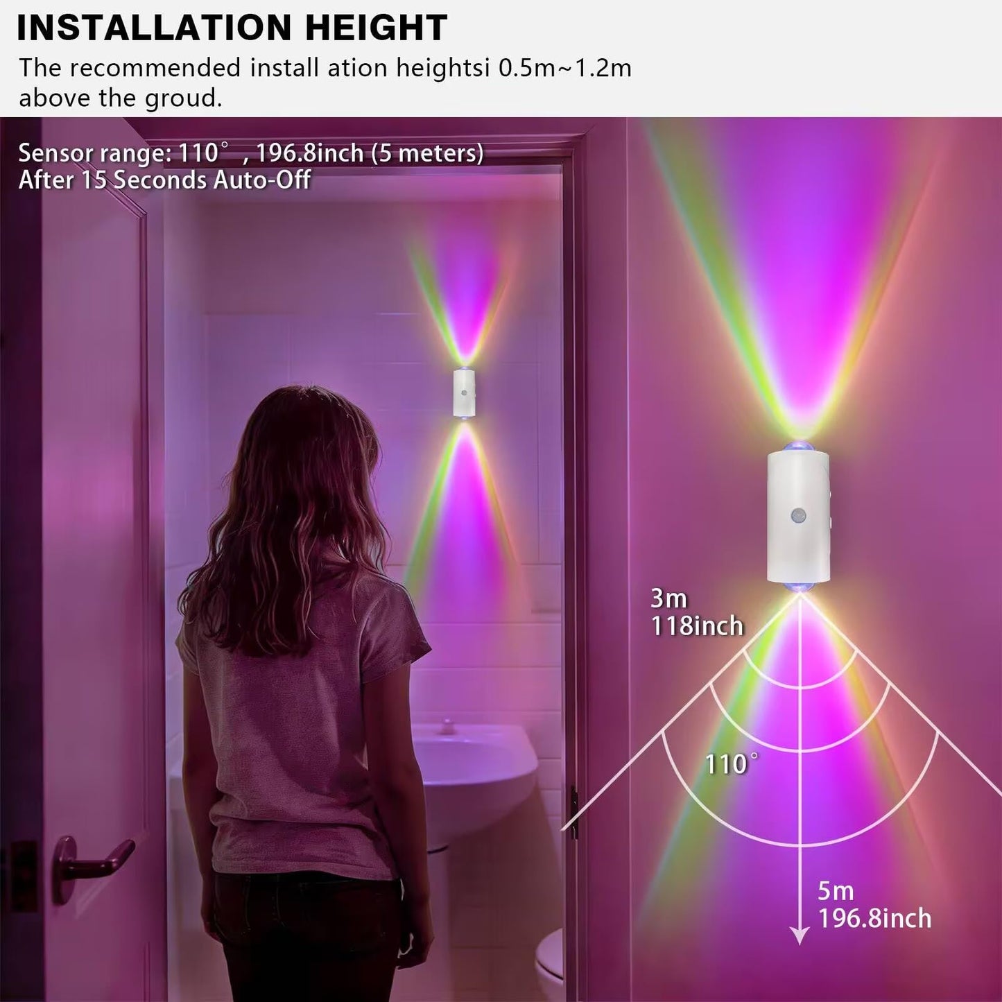 LED Wireless Wall Sconce with Color Changing, Motion Sensor Light Indoor, 1500mAh Rechargeable Battery Operated Wall Sconces for Bedroom Bedside